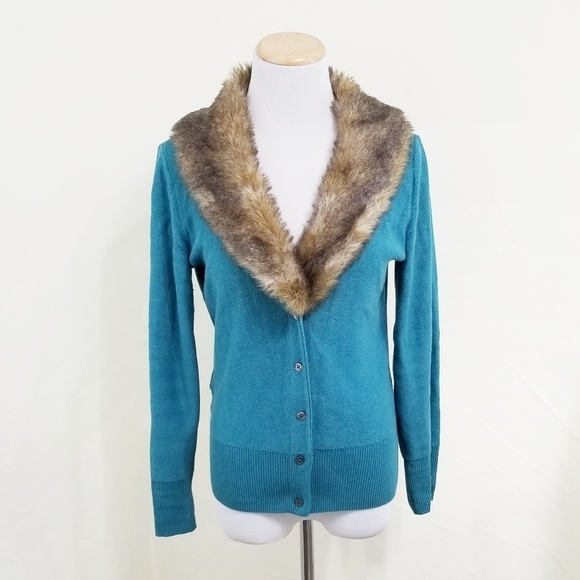 Cabi 3018 Tearoom cardigan teal green fur trim - Picture 1 of 8